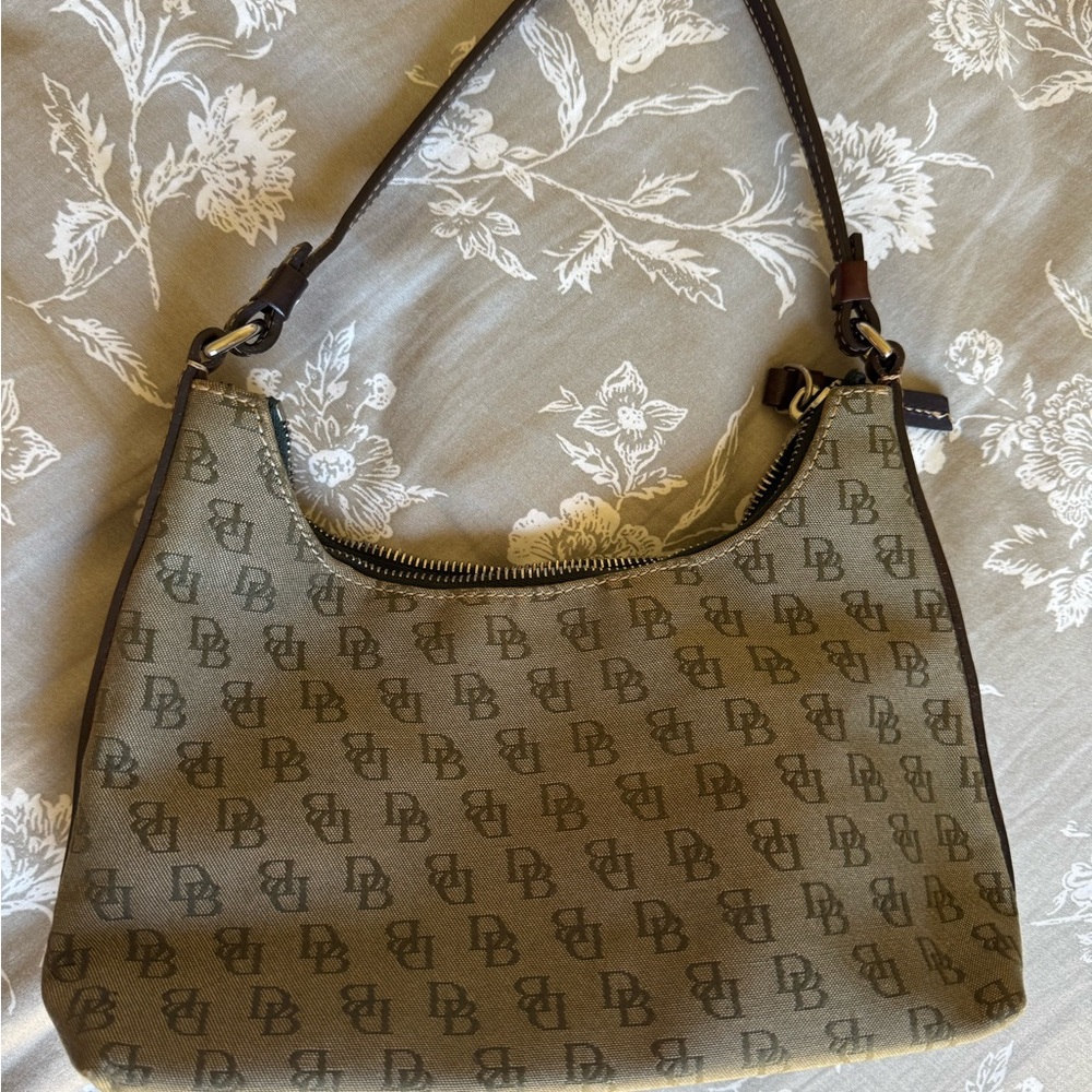 Dooney & Bourke Brown Logo-Print Shoulder Bag with Dark Trim